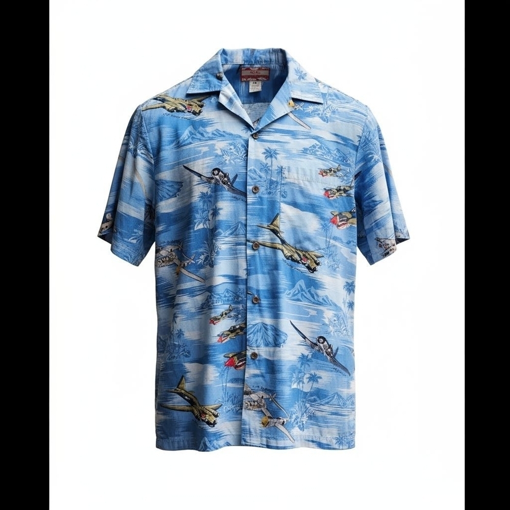 RJC Made in Hawaii WWII Airplanes Aloha Shirt Blue Cotton Button-Down Size S